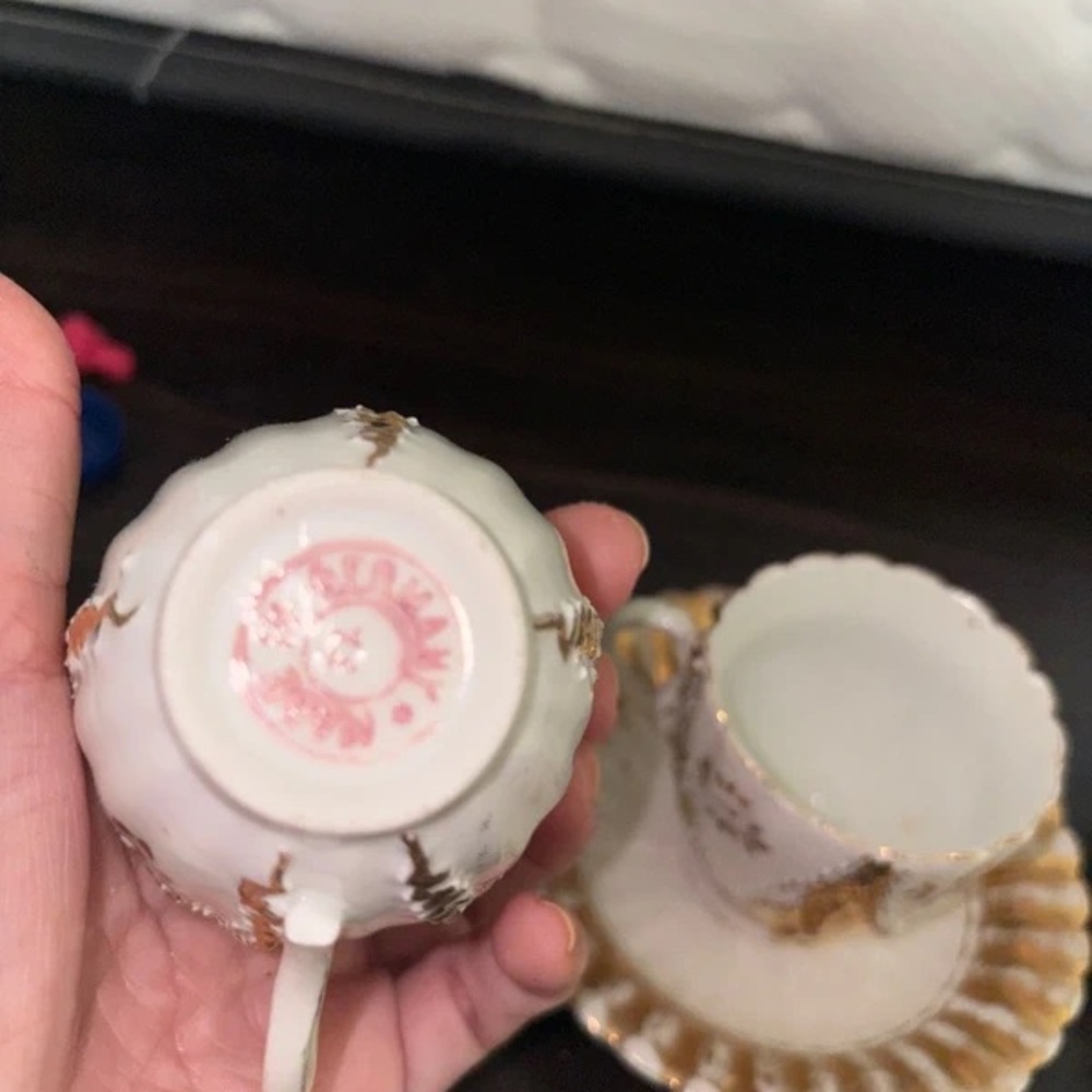 Gold and White Decorative Porcelain Teacup and Saucer - Picture 3 of 4